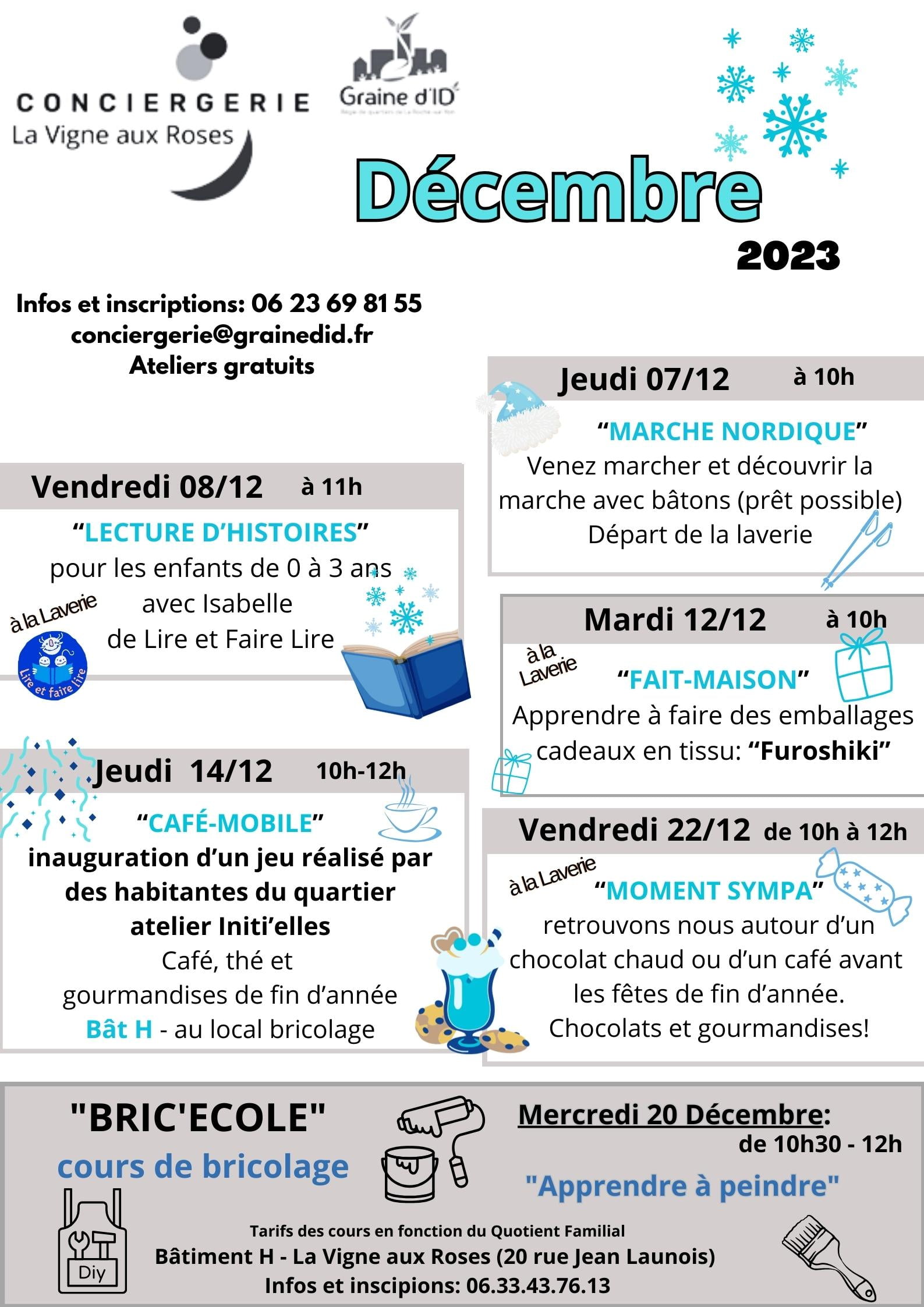 Ateliers décembre 2023 proposés par la Conciergerie de Graine d'ID