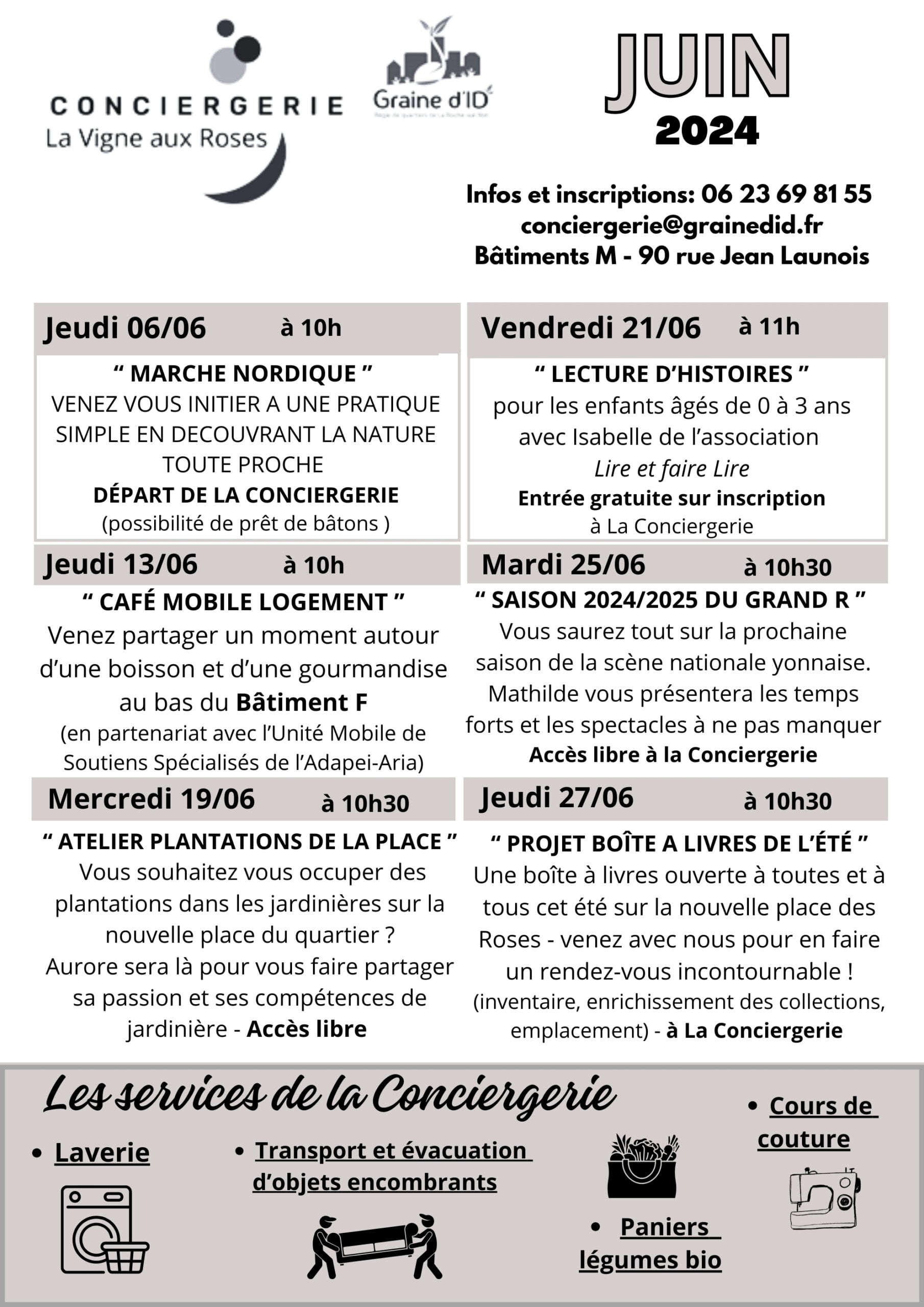 Ateliers du mois de juin pour notre conciergerie située à la Vigne aux Roses
